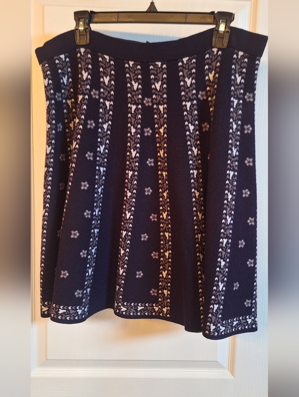 Navy Knit A-Line Skirt with White Pattern